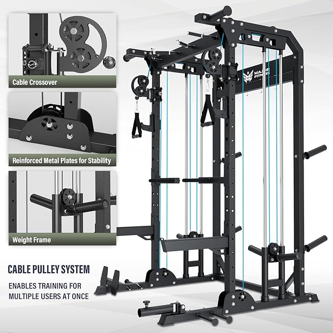 MAJOR FITNESS F22 Power Rack, 1600lbs All-in-One Squat Rack with Cable Crossover, Dual Pulley System, Heavy-Duty Steel Frame, Attachments & Storage for Home Gym Strength Training