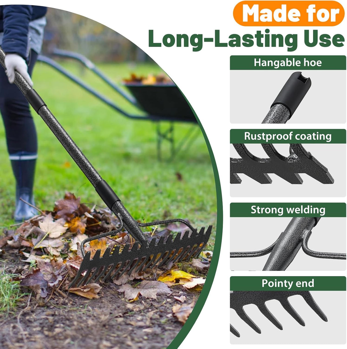 Garden Rake, 63 Inch Long Handle with 17 Tongs, Heavy Duty Metal Bow Rake for Loosening Leveling Soil, Garden Leaf Rake for Raking Leaves Grass , Weeding, Metal Yard Thatch Lawn Care Garden Tool