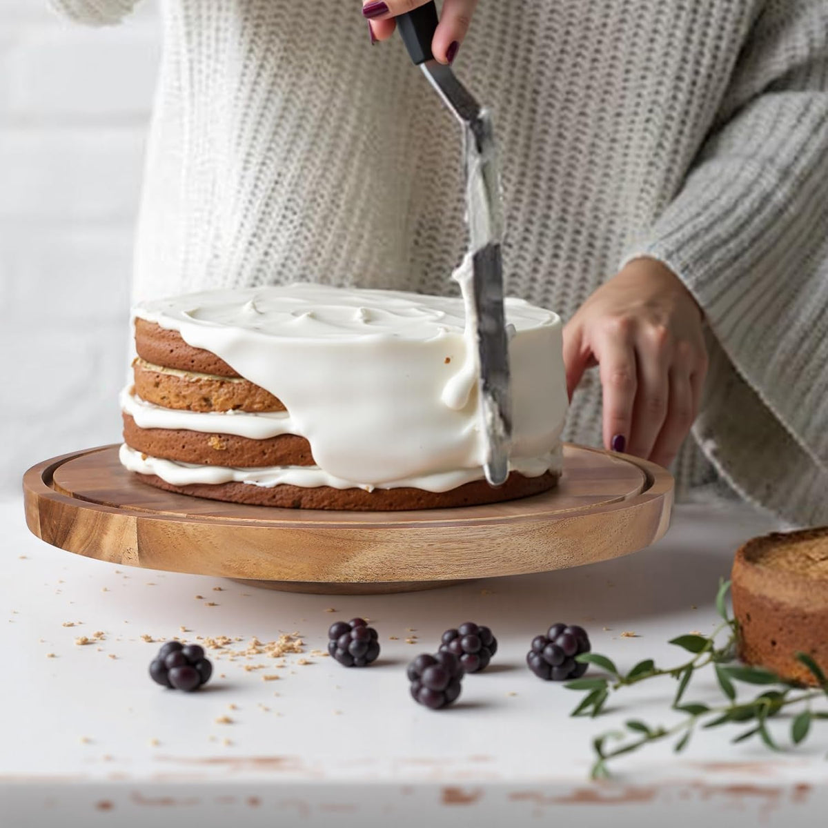 Glass Rotating Cake Stand with Lid - 12" Acacia Wood Cake Plate with Dome, Includes 2 Extra Cake Boards - Cake Holder for Wedding, Birthdays, Kitchen, Party Display, Charcuterie Tray