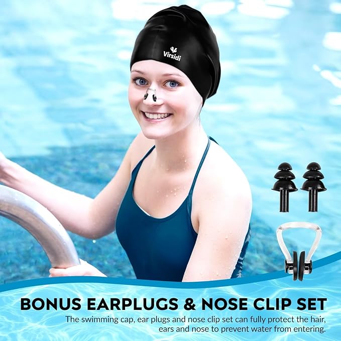 2 Pack Large Swim Caps for Long Hair, Silicone Swimming Cap for Adult Women Men, Waterproof Swim Hats Bathing Caps to Keep Hair Dry with Bonus Nose Clip and Earplugs