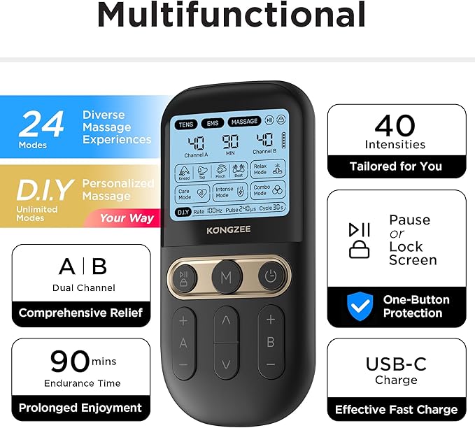 4 in 1 - D.I.Y & Tens Unit & EMS & Massage Muscle Stimulator, Dual Channel TENS Units Therapy Machine for Pain Relief, FDA Cleared Rechargeable Electronic Pulse Massager,with 12pcs Electrode Pads