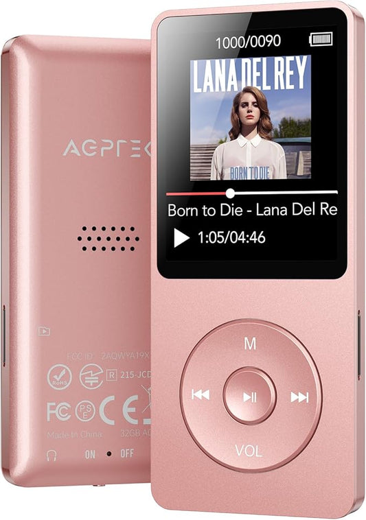 AGPTEK A02 MP3 Player with Bluetooth 5.3, 1.8 inch Screen Portable Music Player with Speaker, FM Radio, Voice Recorder, Supports Expanded Up to 128GB(Rose Gold, 32GB)