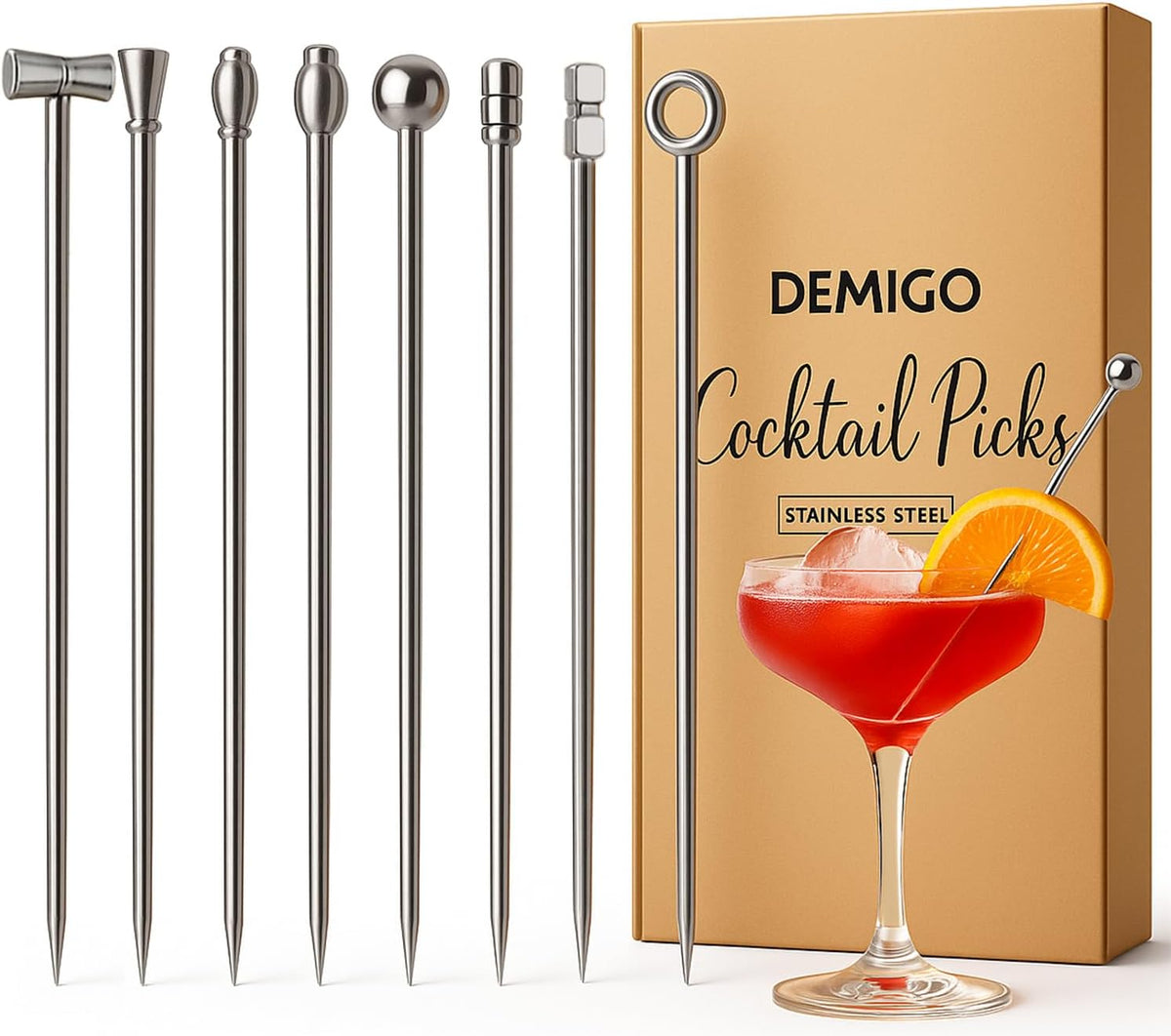 DEMIGO Cocktail Picks, 8 New Styles Stainless Steel Reusable Olive Stuffers Martini Picks set Fruit Toothpicks Garnish Skewers Appetizer Drink Stick for Bar party, Barbeque Snacks, Club sandwiches