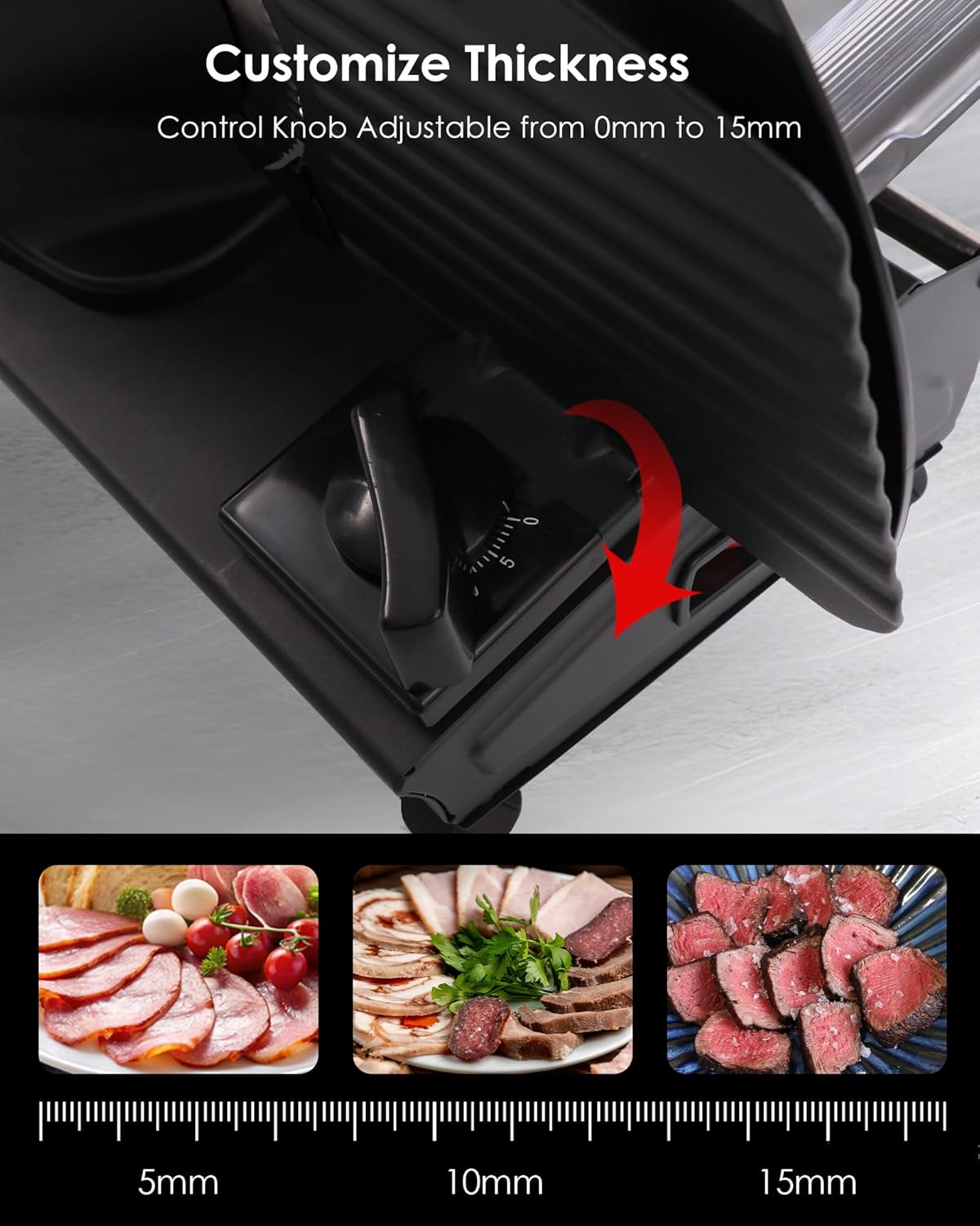 TOOGOOD 7.5" Electric Meat Slicer, with Stainless Steel Blade, Adjustable Thickness Food Slicer Machine for Home Use, Cuts Meat, Ham, Hard Cheese and Deli (Black)