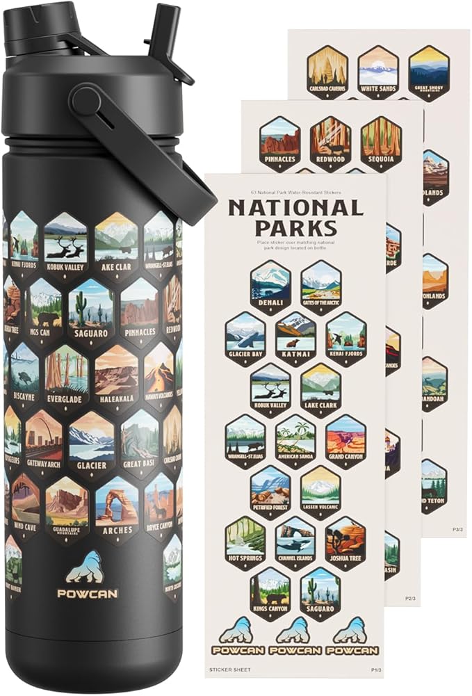 26 oz National Parks Water Bottle with Waterproof Stickers: 2-in-1 Straw Spout Lid, Keep Cold 24H, Leakproof, Car CupHolder Friendly, Insulated Stainless Steel Cup for Travel, Sports, School (Black)