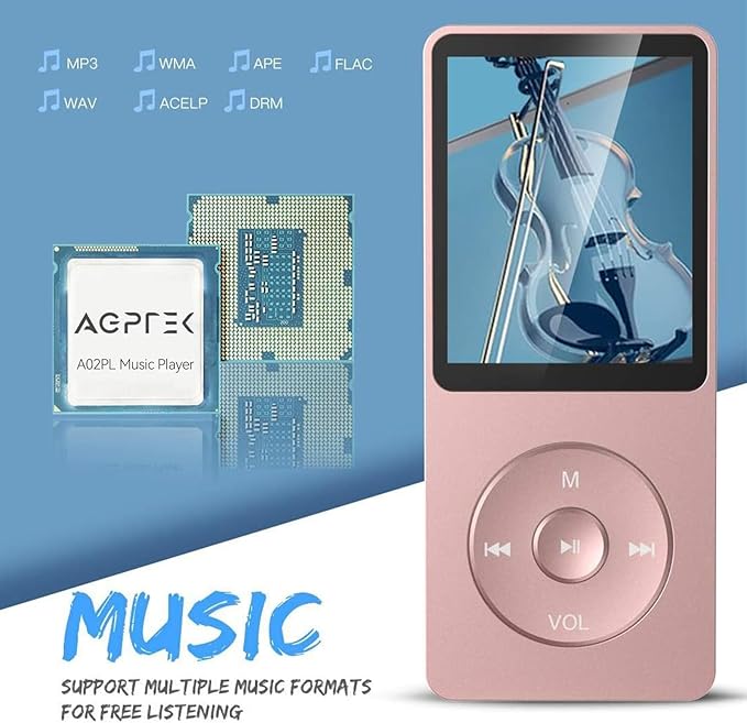 AGPTEK A02PL 64GB MP3 Player, 70 Hours Playback Lossless Sound Music Player, Supports up to 128GB(Rose Gold)