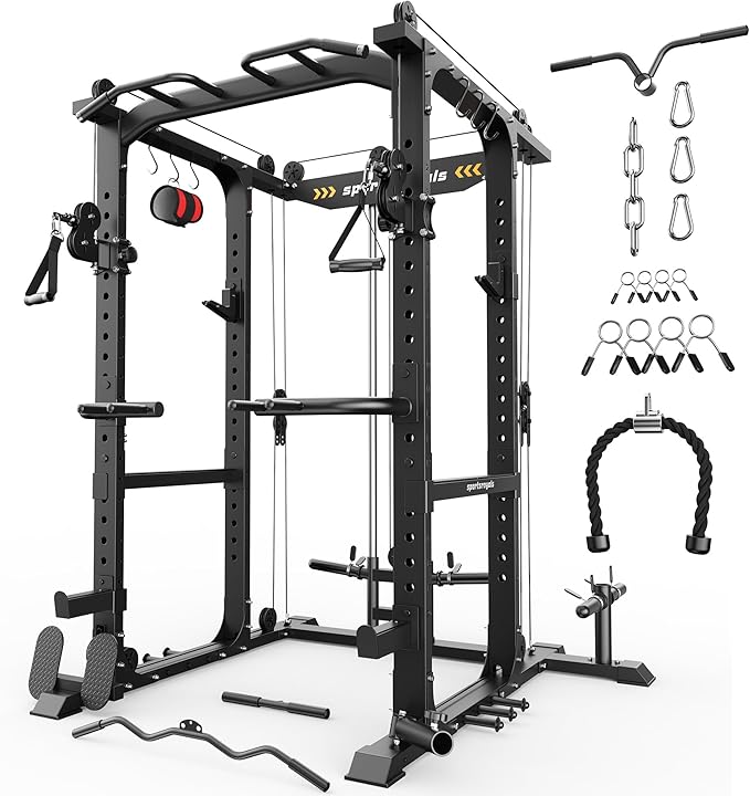 Sportsroyals Power Cage,1600lbs Multi-Function Power Rack with Adjustable Cable Crossover System and More Training Attachment, Weight Cage for Home Gym