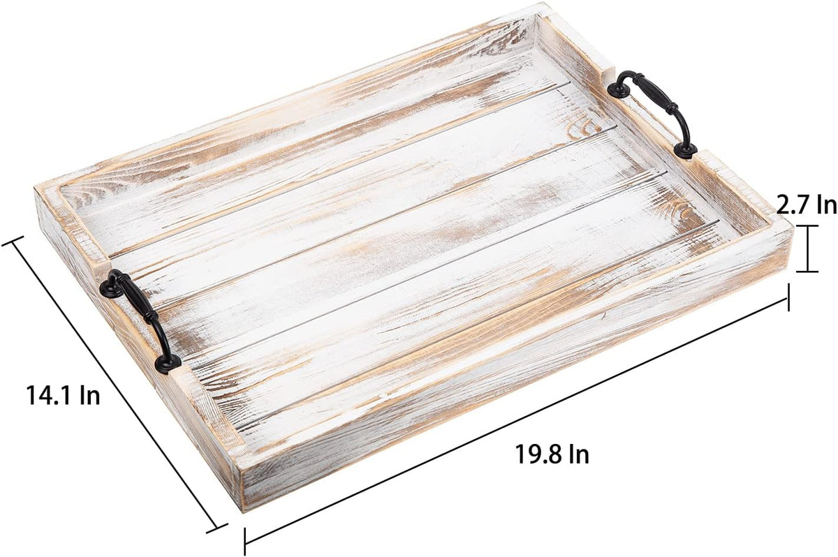 Rustic Vintage Big Wood Food Breakfast Serving Trays with Cutout Metal Handles(20 Inches) Large Nesting Board Decorative Serving Trays Platter in Bed, Ottoman, Coffee Table, BBQ, Party(Washed White