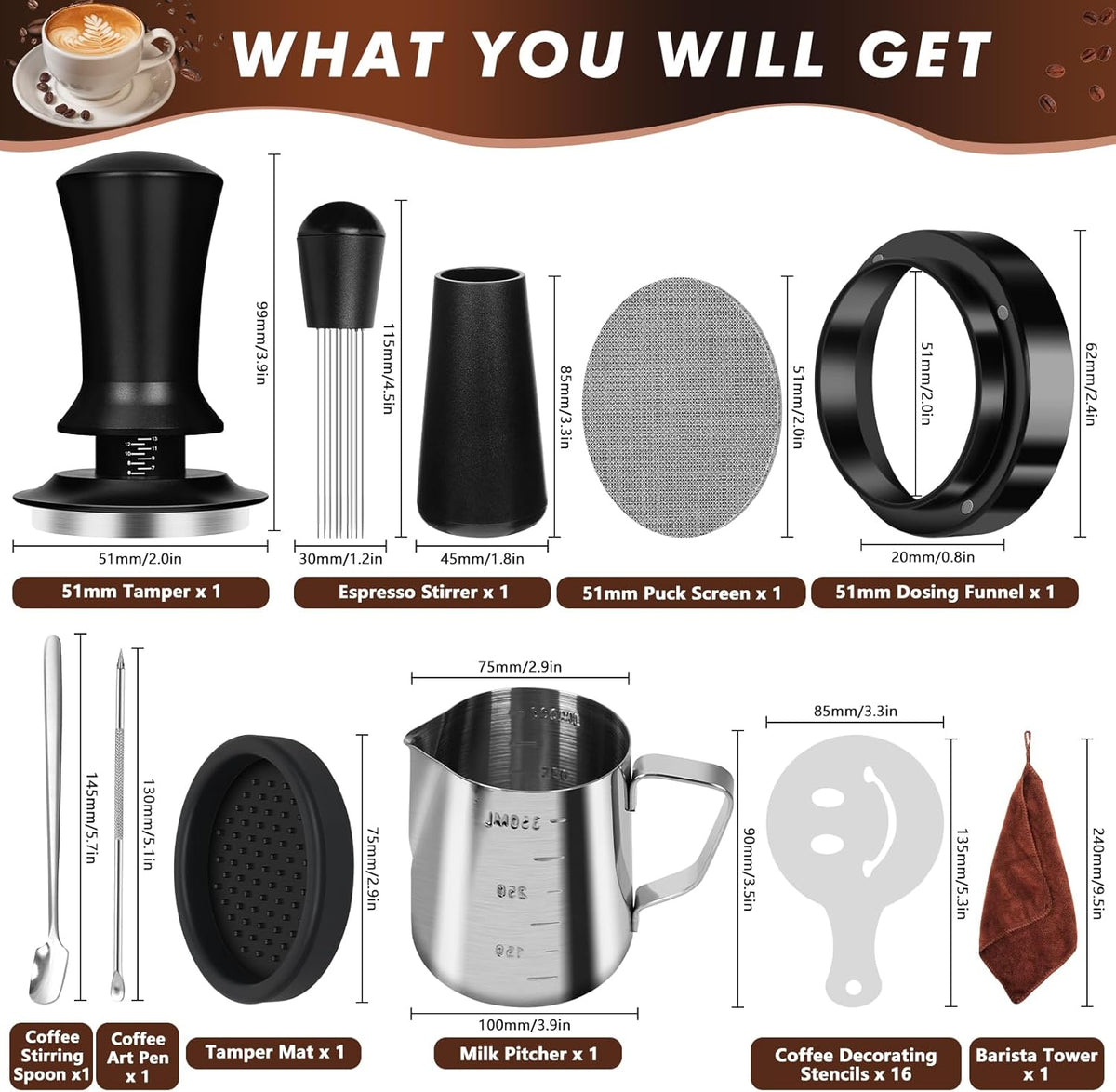 Y-Step 25 PCS Espresso Accessories Kit, Espresso Tamper Kit Coffee Tamper Set, 51mm Espresso Tamper with Spring Loaded Calibrated, 51mm Espresso Puck Screen and Dosing Funnel, WDT Tool, Latte Art Kit