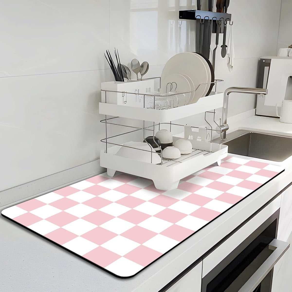 Dish Drying Mat for Kitchen Counter, 16.5’’ X 31.5’’ Absorbent Coffee Mat, Checkered Coffee Bar Mats for Espresso Machine Station, Hides Stains, Rubber Backed Dish Drying Pad, Pink & White