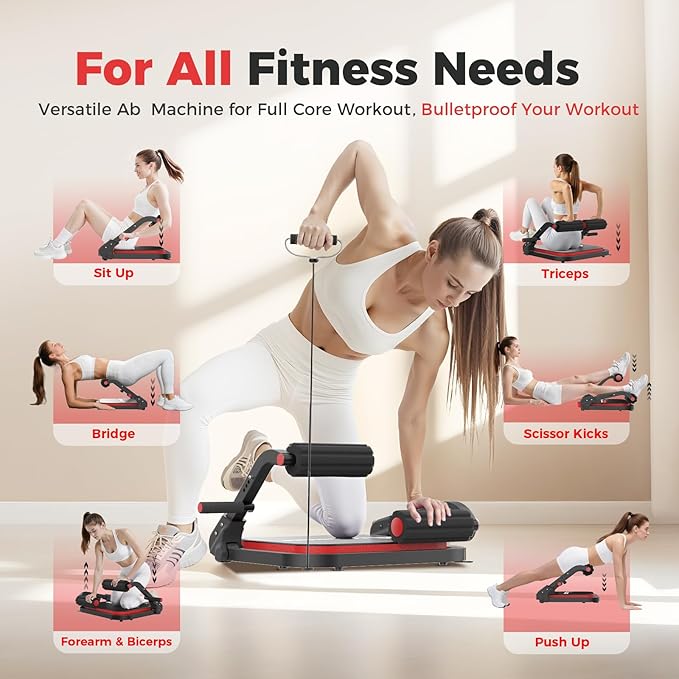 Ab Machine,Sit Up Exercise Equipment& Core Machine, Workout Equipment,Adjustable Ab Trainer with 3 Resistance Levels and Removable Auxiliary Handle,Home Gym Fitness Equipment for All Ages