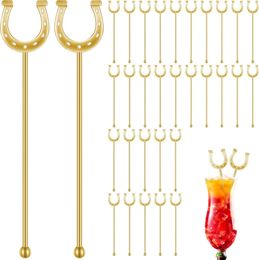 6 Inch Derby Drink Plastic Stirrers Swizzle Sticks for Cocktails Coffee Reusable U Shaped Horseshoe Drink Stirrers for Coffee Beverage Party Bar Weddings Events(Gold,60 Pcs)