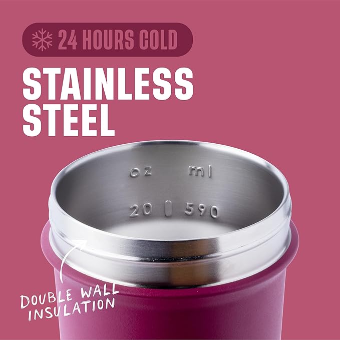 BlenderBottle Sport Sleek Insulated Stainless Steel Shaker Bottle with Wire Whisk, 25-Ounce, Raspberry – Protein Shakes & Hydration for Athletes & Fitness Enthusiasts, Easy Mixing, Slim Easy to Hold, Keeps Drinks Cold, Lockable Lid