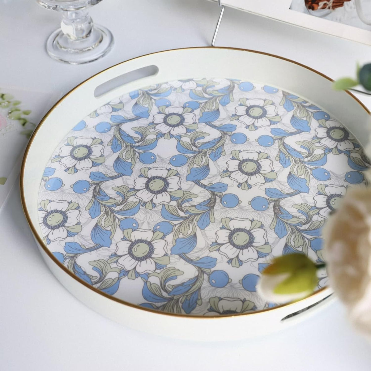 Round Serving Tray with Handles, Coffee Table Tray for Ottoman, Organizer Vanity Tray for Living Room, Outdoor Tray for Patio Entertaining, Serving Breakfast Kitchen Platter LEE33BLH