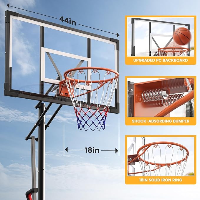 Basketball Hoop Outdoor 10 FT Height Adjustable Basketball Goals Systems Portable with 44" Backboard and Wheels for Youth Adults Kids - Backyard, Driveway, Indoor Play