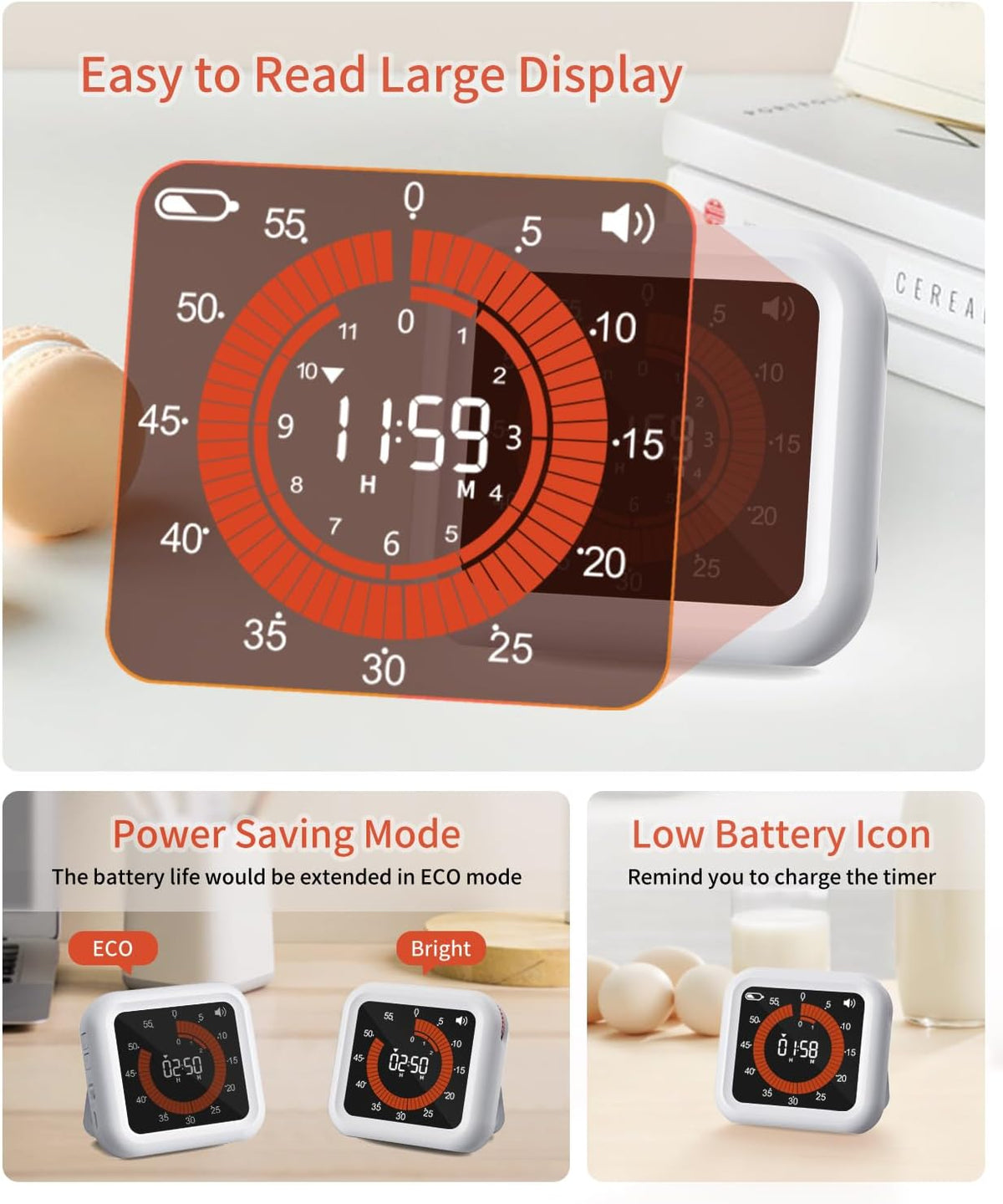 Digital Visual Timer - Max 11H 59M Rechargeable Countdown Timer with VA Display, Clear Digits, Adjustable Volume and Brightness, Magnetic Digital Timer for Kitchen, Classroom, Office (White)