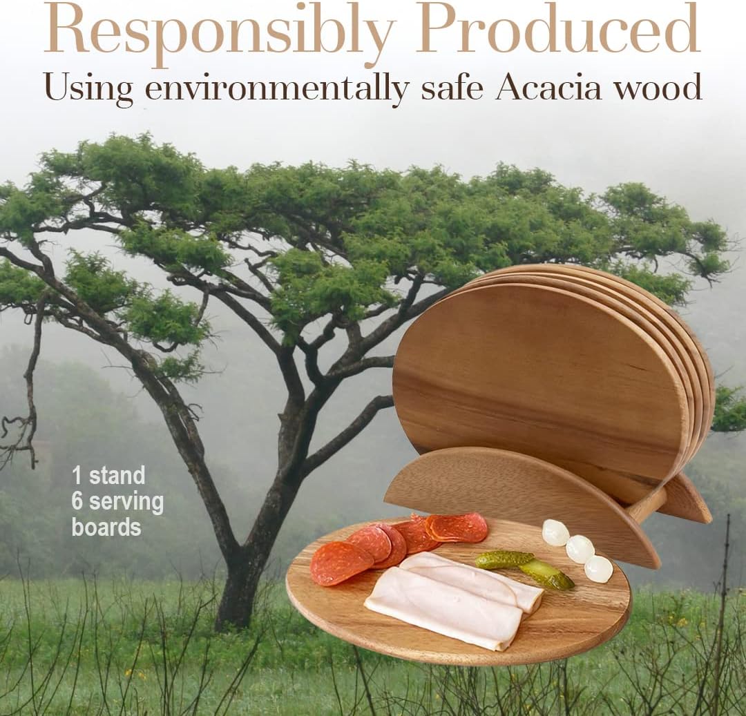Woodard & Charles 6 Acacia Wood Serving Boards with Stand, Perfect for Serving, Sushi, Cheese, Hors d'oeuvre, Charcuterie, Sandwiches, 7 Piece Set, 9 1/2" x 6 1/2"