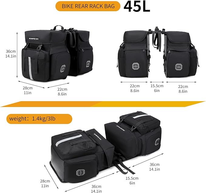 Bike Bag Accessories Panniers for Bicycle Rear Rack Bag 45L Waterproof Mountain Electric Bike Saddle Bag for Cycling Traveling Commuting Black