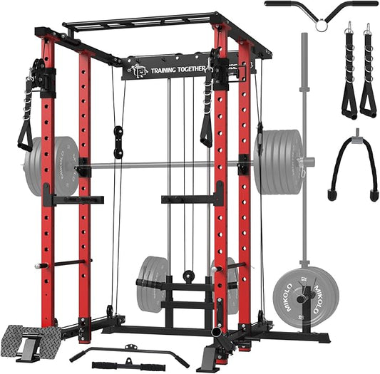Mikolo Power Cage, 1500lbs Power Rack with LAT PullDown and Cable Crossover System, Squat Rack with Pulley System, Weight Cage for Home Gym with Training Attachments