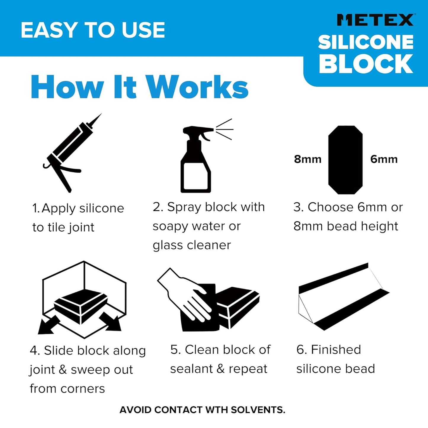 Silicone Block - 5 in 1 Easy Grip Sealant Shaping & Finishing Caulking Tool - Creates A Consistent Width Bead. Sharp & Consistent Internal Corners with A Choice of 6mm Or 8mm Bead