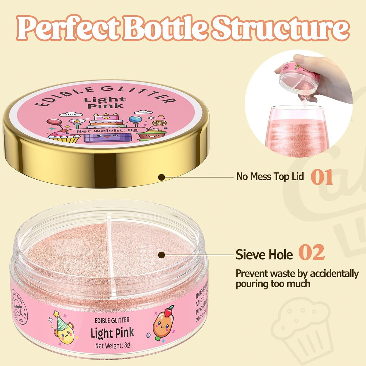 Nomeca Edible Glitter for Drinks Cakes, 8 grams Food Grade Luster Dust Sprinkles Glitter for Cake Decorations, DIY Cocktails, Beverages & Cake Decorating, Dessert Cake Topper (4-Light Pink)