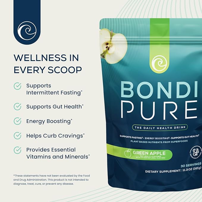 Bondi Pure - Daily Health & Detox Drink - Promote Gut Health & Energy Support During a Cleanse or Intermittent Fasting - Plant-Based Fibers, Alkalizing Super Greens - Green Apple (3-Pack)