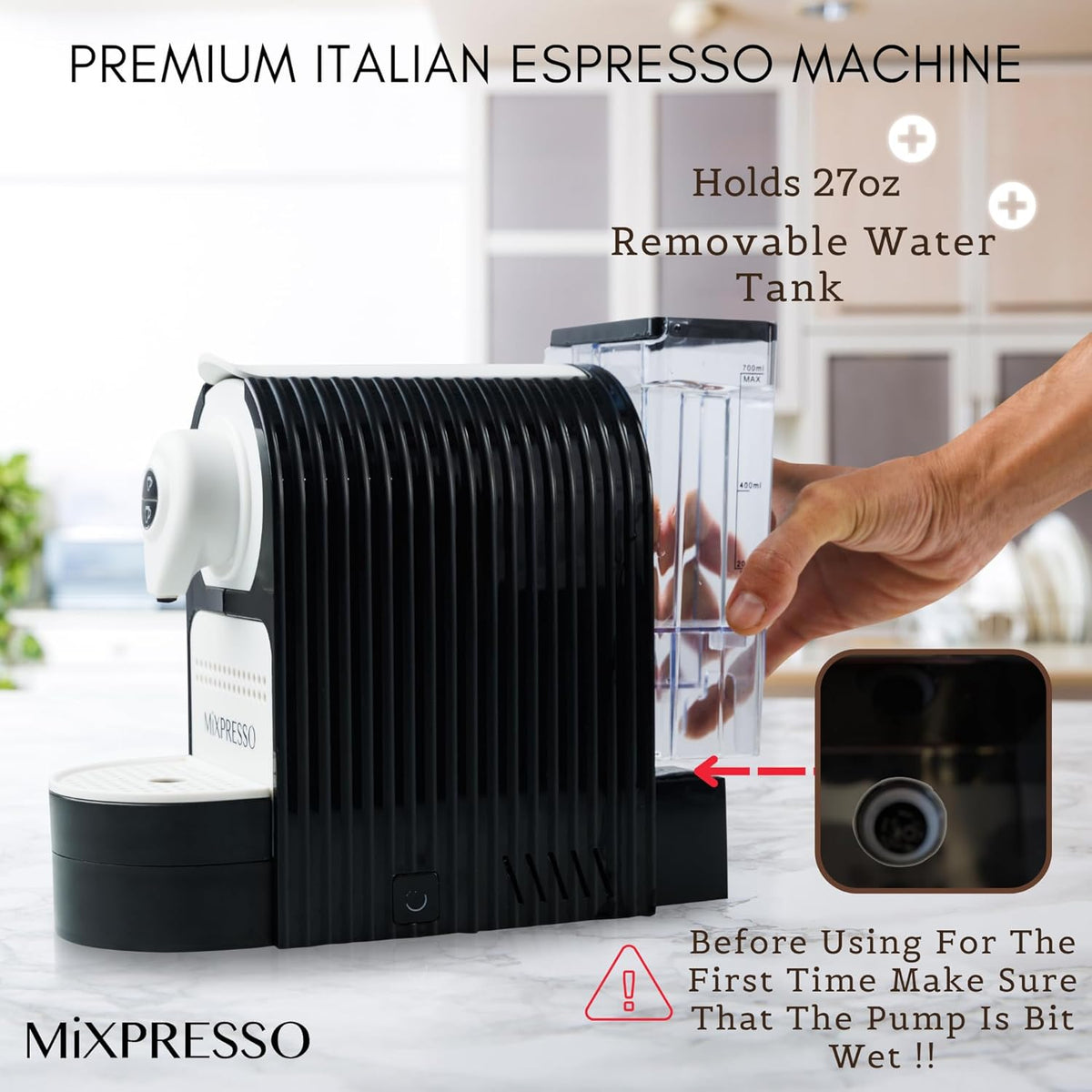 Mixpresso Black Espresso Coffee Machine – Compact 1400W Single Serve Coffee Maker Compatible with Nespresso OriginalLine Capsules, One-Touch Operation, 19-Bar Italian Pump, 27oz Water Tank