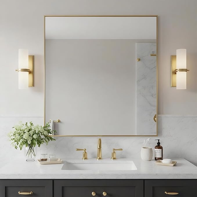 30x30 Inch Brass Bathroom Mirror for Wall, Aluminum Frame Rectangle Rectangular Vanity Mirror, Modern Large for Bedroom, Living Room, Horizontal or Vertical