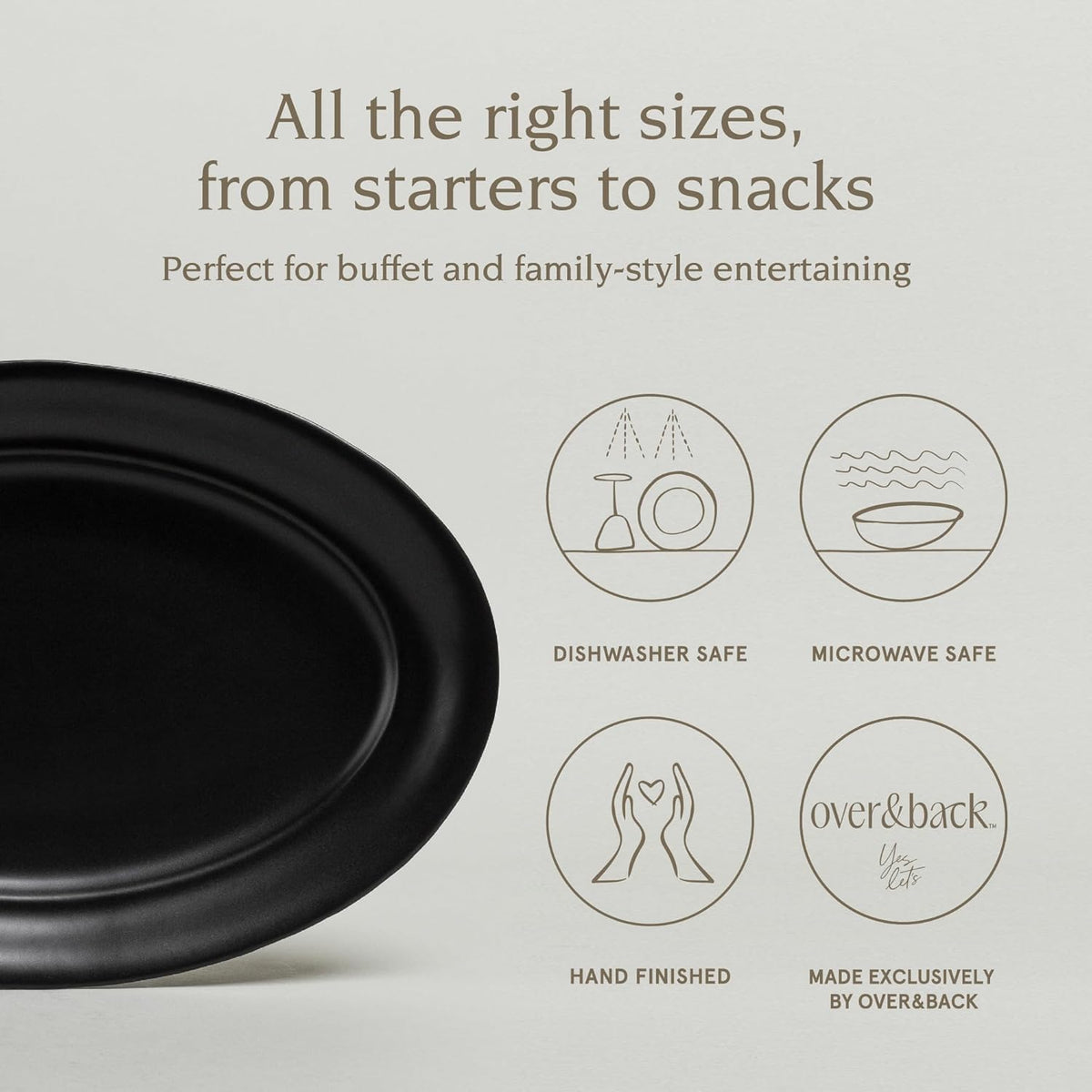 over&back Rim Stoneware Serving Platter - Elegant 1-Piece Oval Serving Platter to Complete Your Kitchen Set - 16" L x 10.8" W Semi-Matte Black