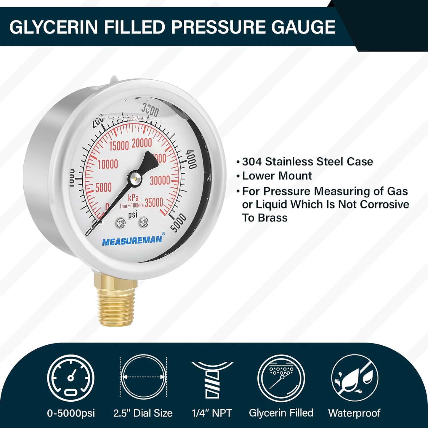 MEASUREMAN 2-1/2inch Dial Size, Liquid Filled Hydraulic Pressure Gauge, 0-5000psi/kpa, 304 Stainless Steel Case, 1/4inchNPT Lower Mount