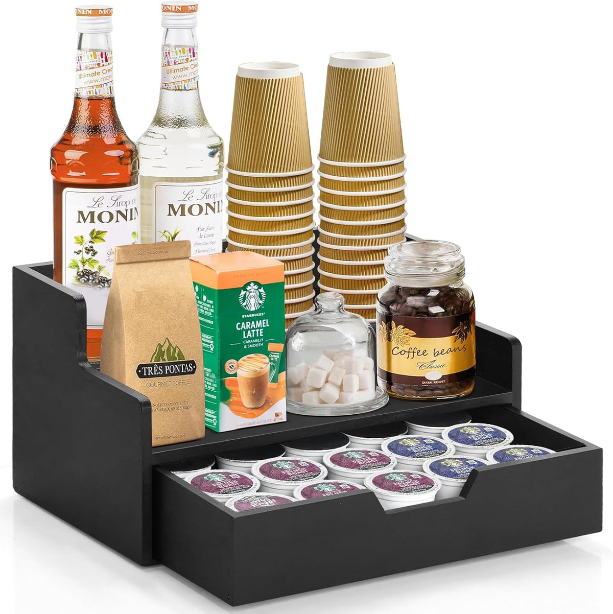 Coffee Pod Holder with Drawer, 3-Tier Wood K Cup Organizer for Countertop, Coffee Bar Organizer Storage Box, Coffee Station Organizer for Kitchen Coffee Station Decor