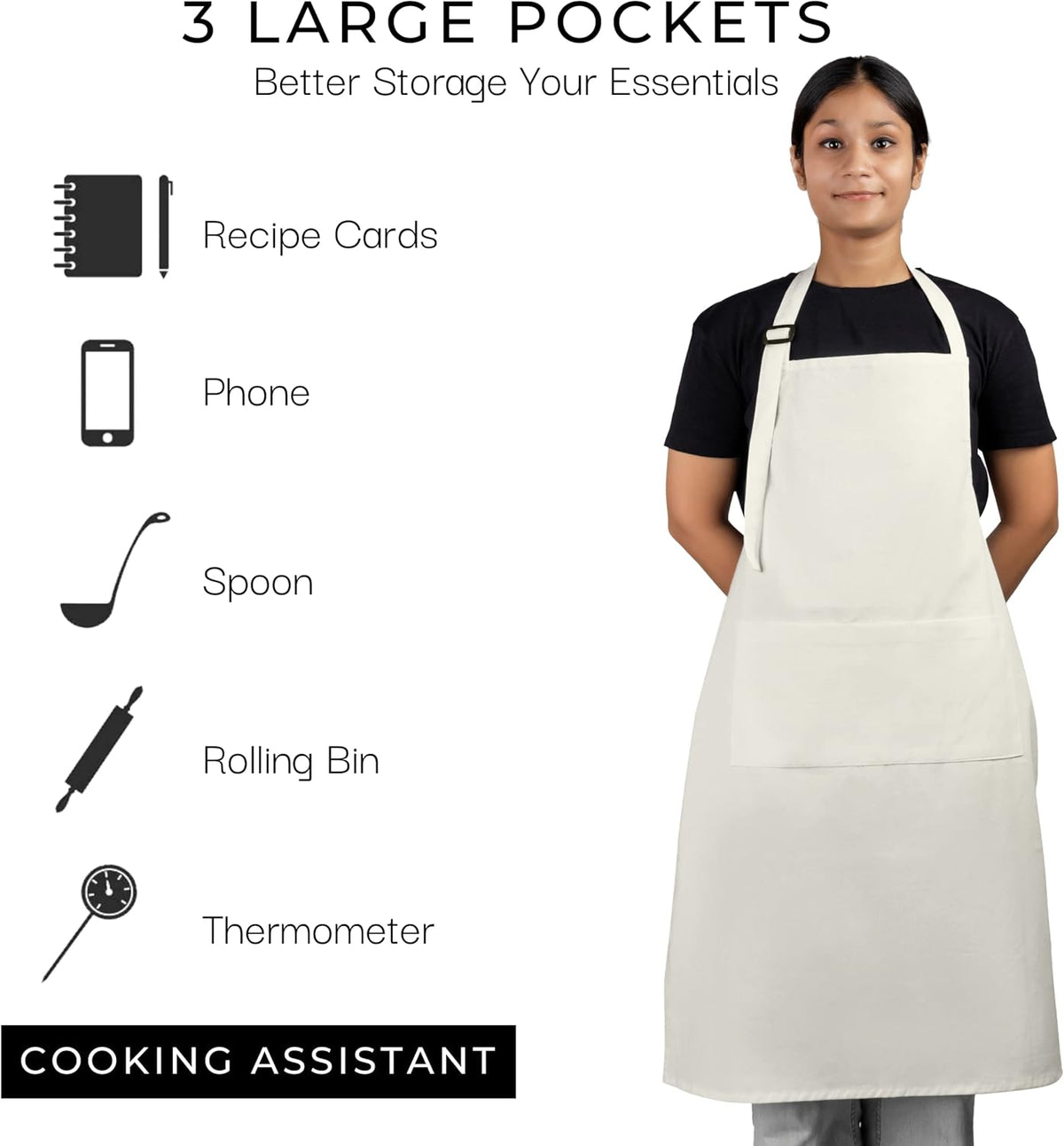 RAJRANG 100% Cotton Cooking Apron with 3 Pockets Kitchen Chef BBQ Adjustable Bib Aprons for Women Men