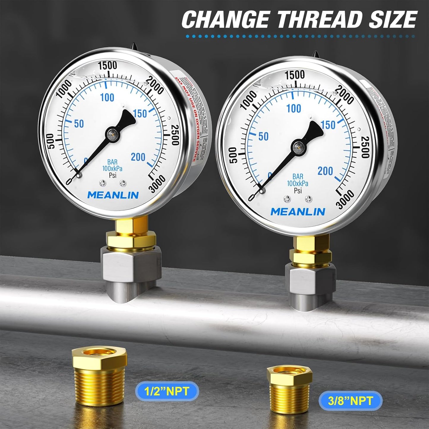 MEANLIN MEASURE 0~3000Psi Stainless Steel 1/4" NPT 2.5" FACE DIAL Liquid Filled Pressure Gauge WOG Water Oil Air Lower Mount, with 1/2" NPT and 3/8" NPT Hex Bushing