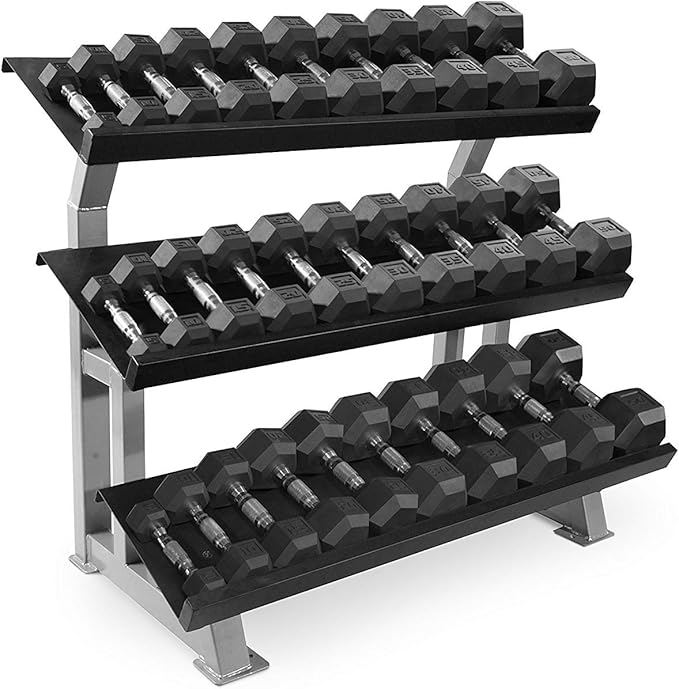 WF Athletic Supply Rubber Coated Hex Dumbbell Set, Multiple Choices Available - Dumbbells with Rack Stand and Mat, or Dumbbells Only (200/550/1200/2100/3000 LB)