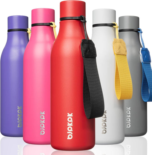 BJPKPK Insulated Water Bottles, 18 oz Stainless Steel Metal Water Bottle with Strap, BPA Free Leak Proof Thermos, Mugs, Flasks, Reusable Water Bottle for Sports & Travel, Red