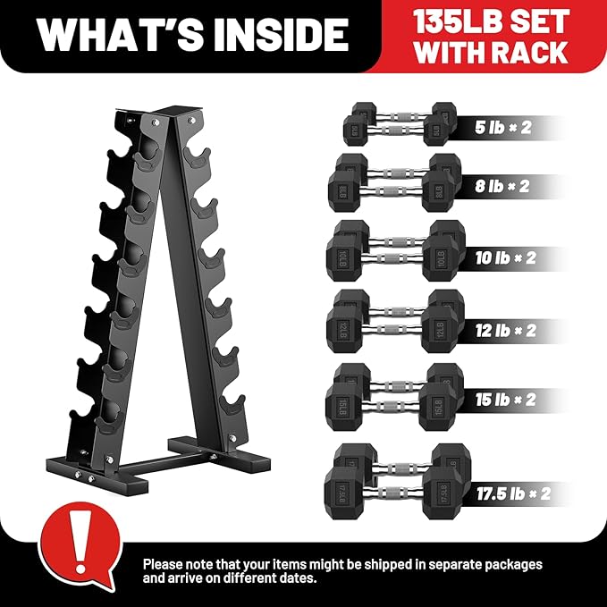 PAPABABE Hex Dumbbell Sets with Rack, 60-550lb Rubber Coated Dumbbell Weight Set and Storage Rack, Multiple Options Hand Weights for Strength Training