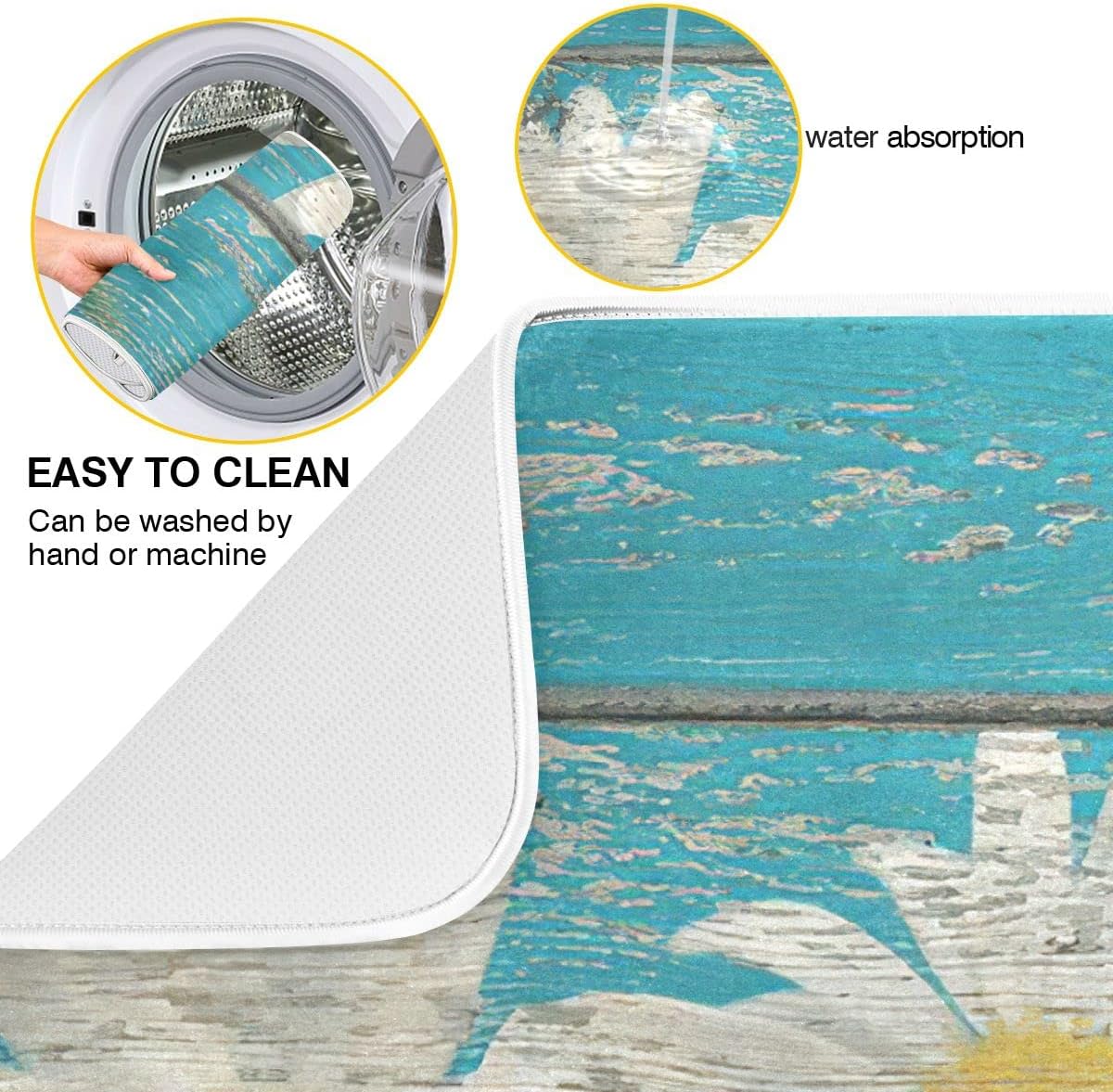 Daisy On Old Wooden Board Dish Drying Mat for Kitchen Counter Turquoise Wood Drying Mat 16 x 18 Inch with High Absorbent Reversible Microfiber Dish Drying Pad Drainer Mat for Coffee Bar
