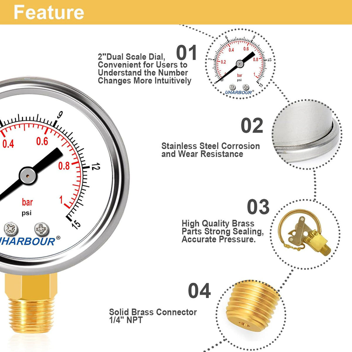 Lead-Free Water Pressure Gauge Liquid Filled 0-15Psi 2" Dial, Stainless Steel Case, 1/4" NPT Lower Mount, Water Pressure Gauge for Home