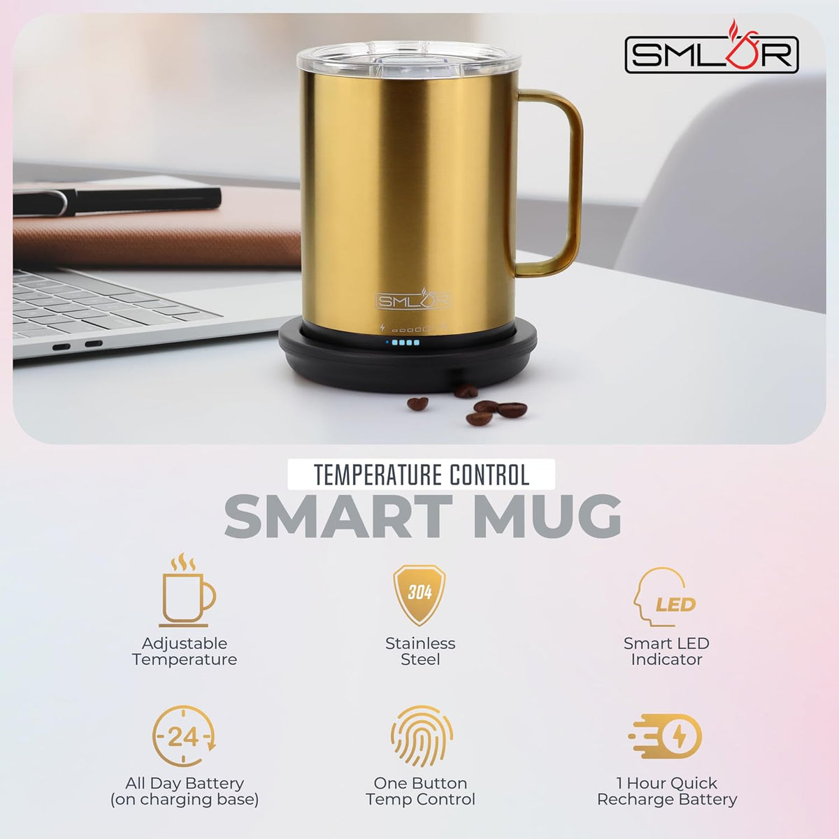 SMLDR Pro Heated Mug, 14 oz Smart Mug, Self-Heating, Adjustable Temperature, Battery Powered, Great for Coffee & Tea, Excellent Gift (Gold)