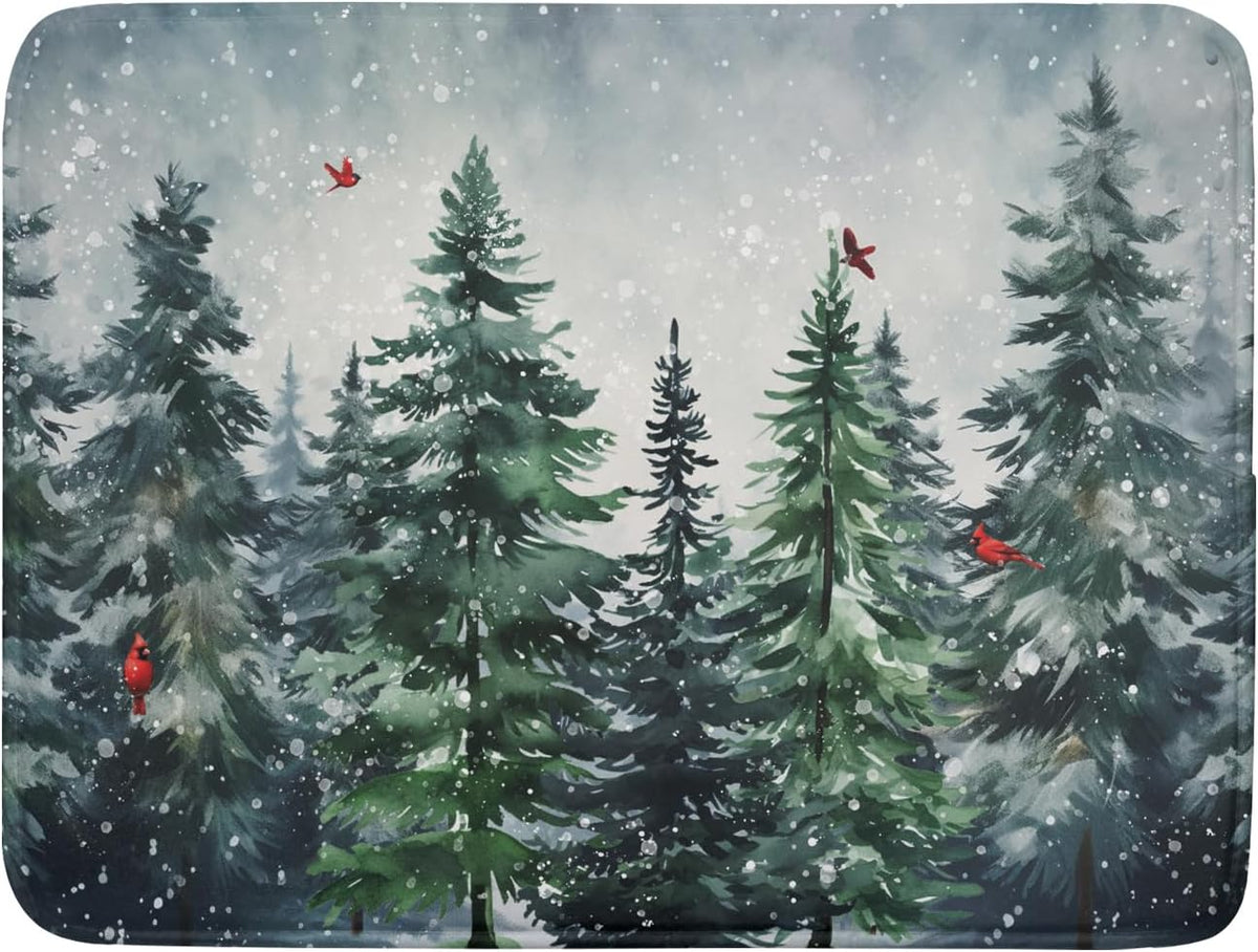 Christmas Tree Dish Drying Mat for Kitchen Counter Winter Pine Tree Dish Drying Mat 18x24 Inch Red Bird Christmas Dish Draining Mat Absorbent Reversible Dish Pad Kitchen Accessories Table Protector