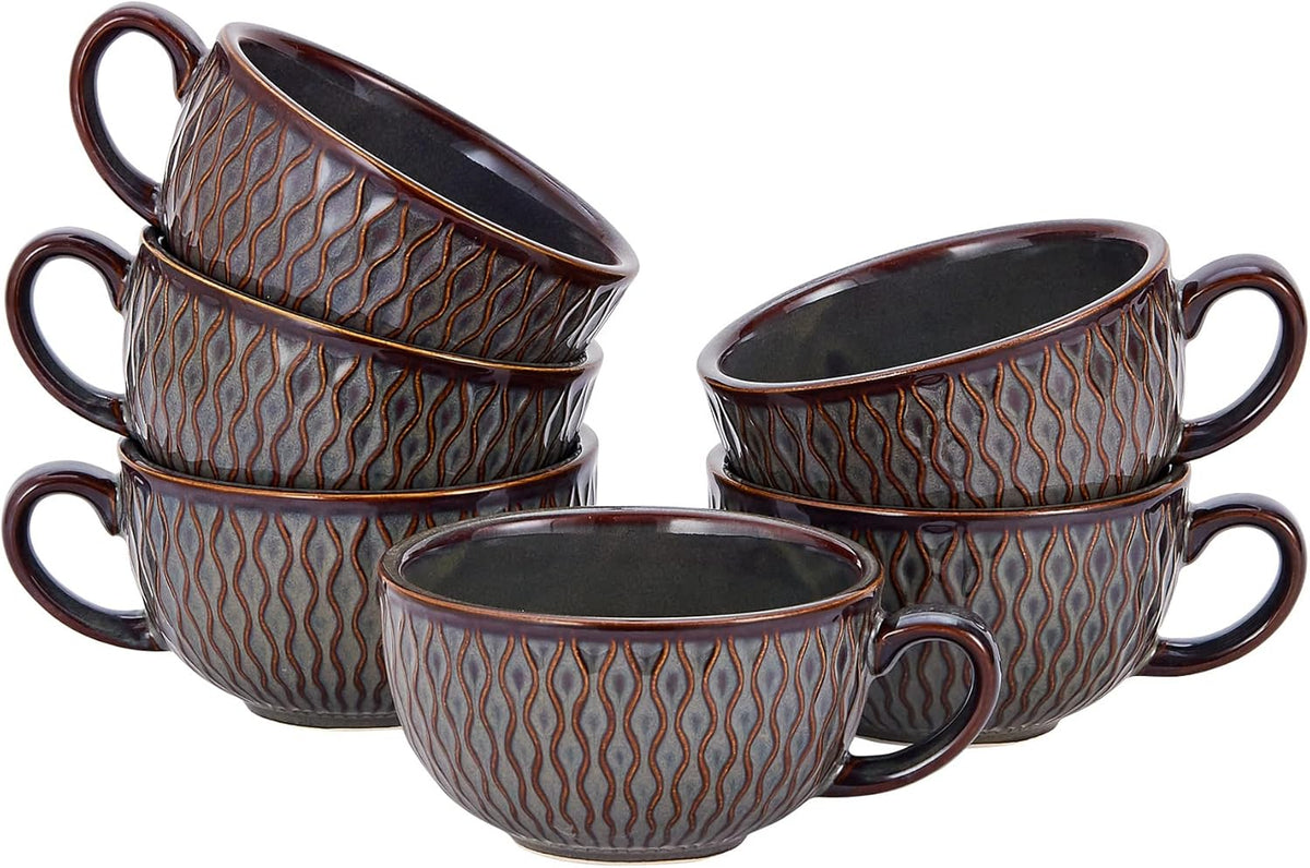 Set of 6 Cups Vintage Design 12 oz Professional Barista Ceramic Latte Art Cappuccino Cups Set (Embossed Grey * 6)