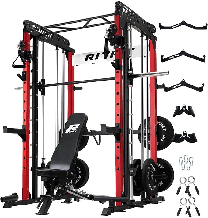 RitFit M1 & M1 Pro Smith Machine with Cable Crossover System, Multi-Function Squat Rack Power Cage for Home Gym, Power Rack and Packages