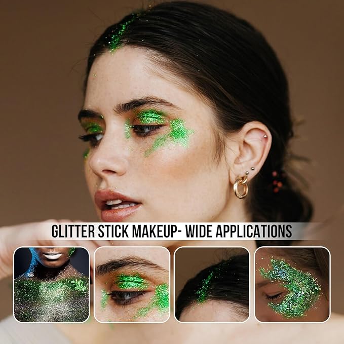 Brzeaf Waterproof Green Body Glitter Stick, Chunky Glitter for Face/Body/Hair/Eyes/Lip, Singer Concert Music Halloween Rave Festival, Glitter Stick Makeup & Face Glitter Gel for Women Men 0.56 OZ