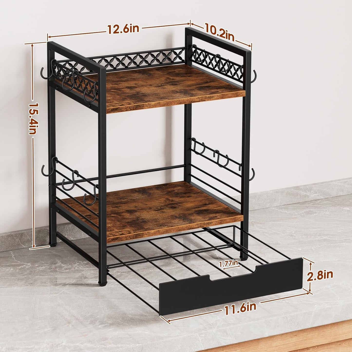 Coffee Bar Organizer Countertop, 2 Tier Mug Cup Holder Stand with 12 Hooks, 30 K Cup Coffee Pod Drawer with Mug Rack, Multifunctional Shelf Organizer for Accessories Station Kitchen (Brown)