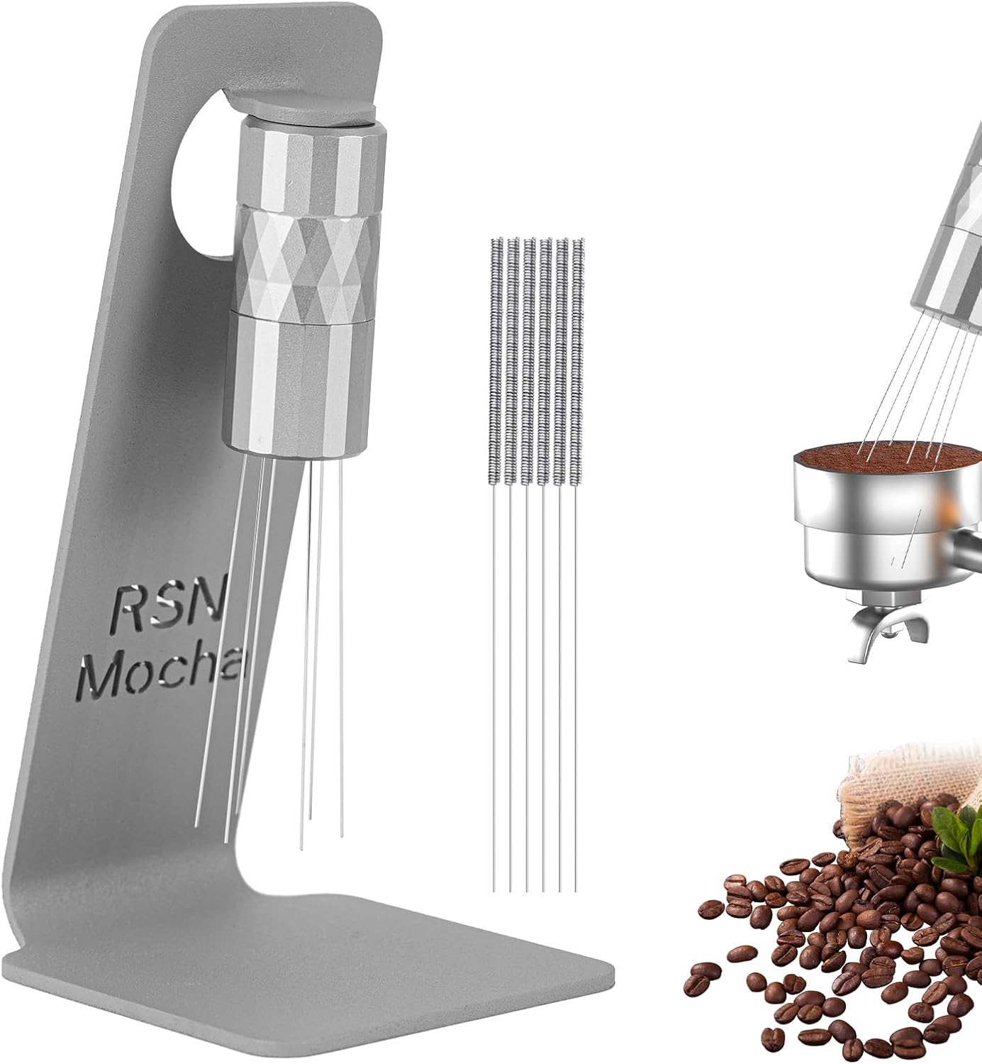 WDT Tool Espresso Distribution Tool,Coffee Distribution Tool with Magnetic Stand, Espresso Accessories with 6 Extra Φ0.25mm Stainless Steel Needles for Barista (Crystal Silver, Φ0.25mm)