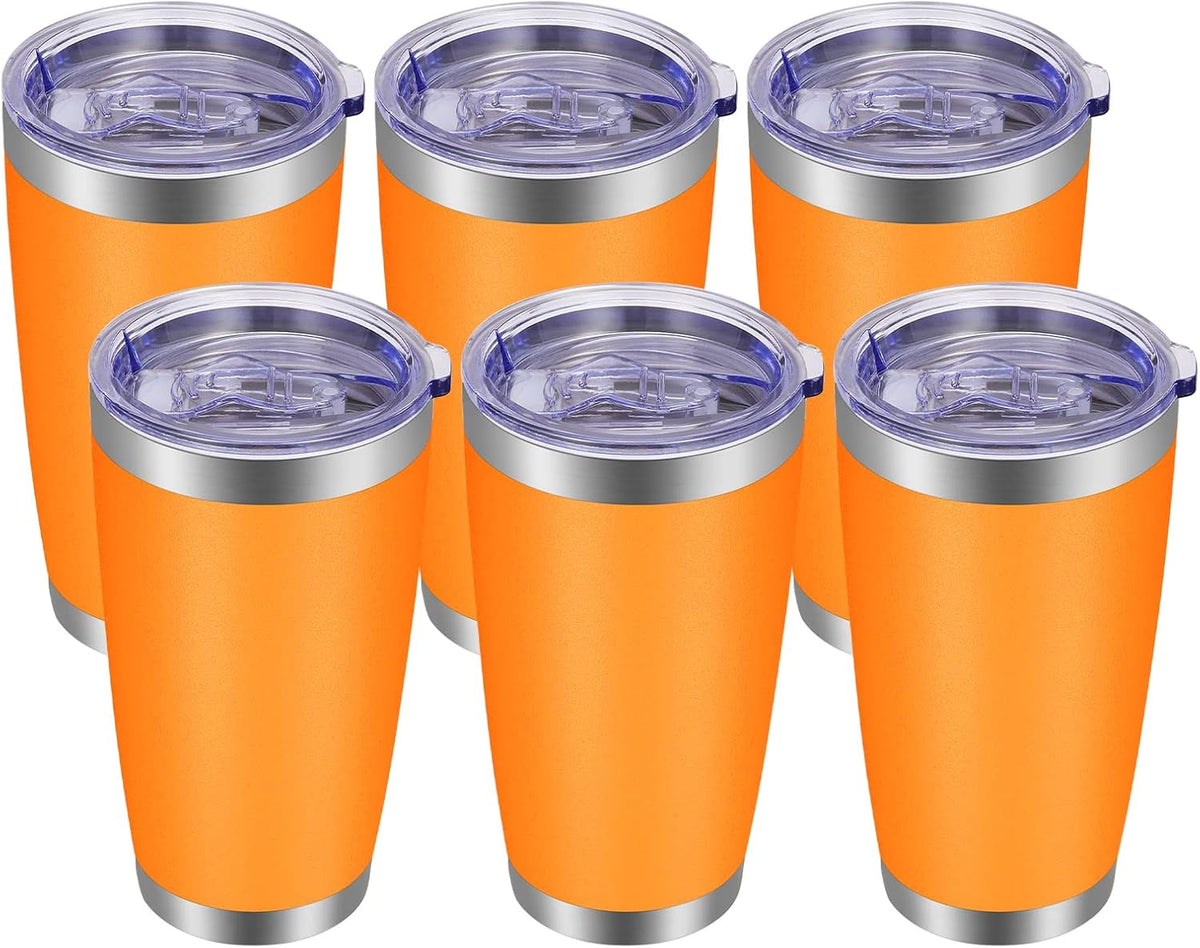 VEGOND 20oz Tumbler with Lid and Straw Stainless Steel Tumbler Cup Bulk Vacuum Insulated Double Wall Travel Coffee Mug Powder Coated Coffee Cup(Orange 6 Pack)