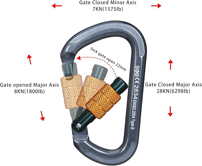 Auto Locking Rock Climbing Carabiner Clips, Heavy Duty Asymmetrical Carabiner Connector Used for Rappelling Rescue Outdoor Climbing, Mountaineer, Hammock, Camping