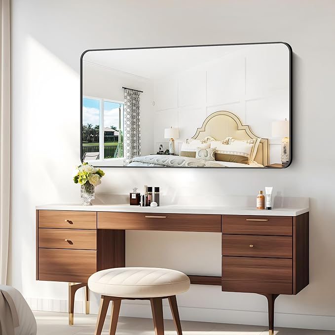 30x55 inch Bathroom Mirror,Black Rectangle Mirror,Wall Mounted Bathroom Frame Vanity Mirror with Round Corner for Bedroom Living Room, Entryway Hangs Horizontal or Vertical