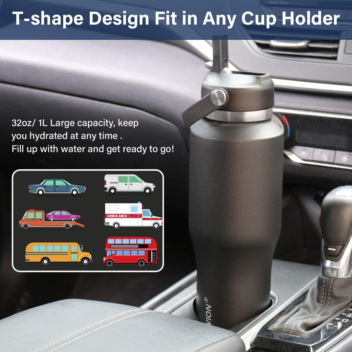 HYDROWION Insulated Water Bottle, 32oz Water Bottle with Straw Lid, Double Walled Leak Proof 32oz Vacuum Bottle (Cold for 48 Hrs,Hot for 24 Hrs) Fit in Any Car Cupholder, White&Black