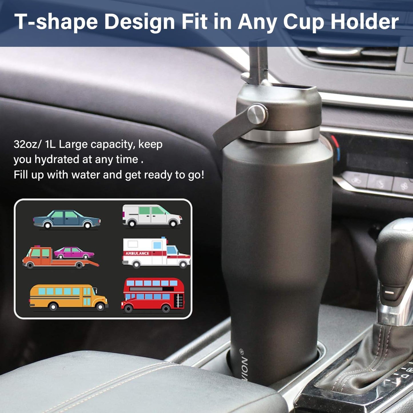 HYDROWION Insulated Water Bottles, Water Bottle fits in Car Cup Holder (Cold 48 hrs, Hot 24 hrs) with Straw Lid, Spout Lid and Flex Cap,T-shpaed Water Bottle Leakproof Travel Thermo Tumbler,Blue&Black